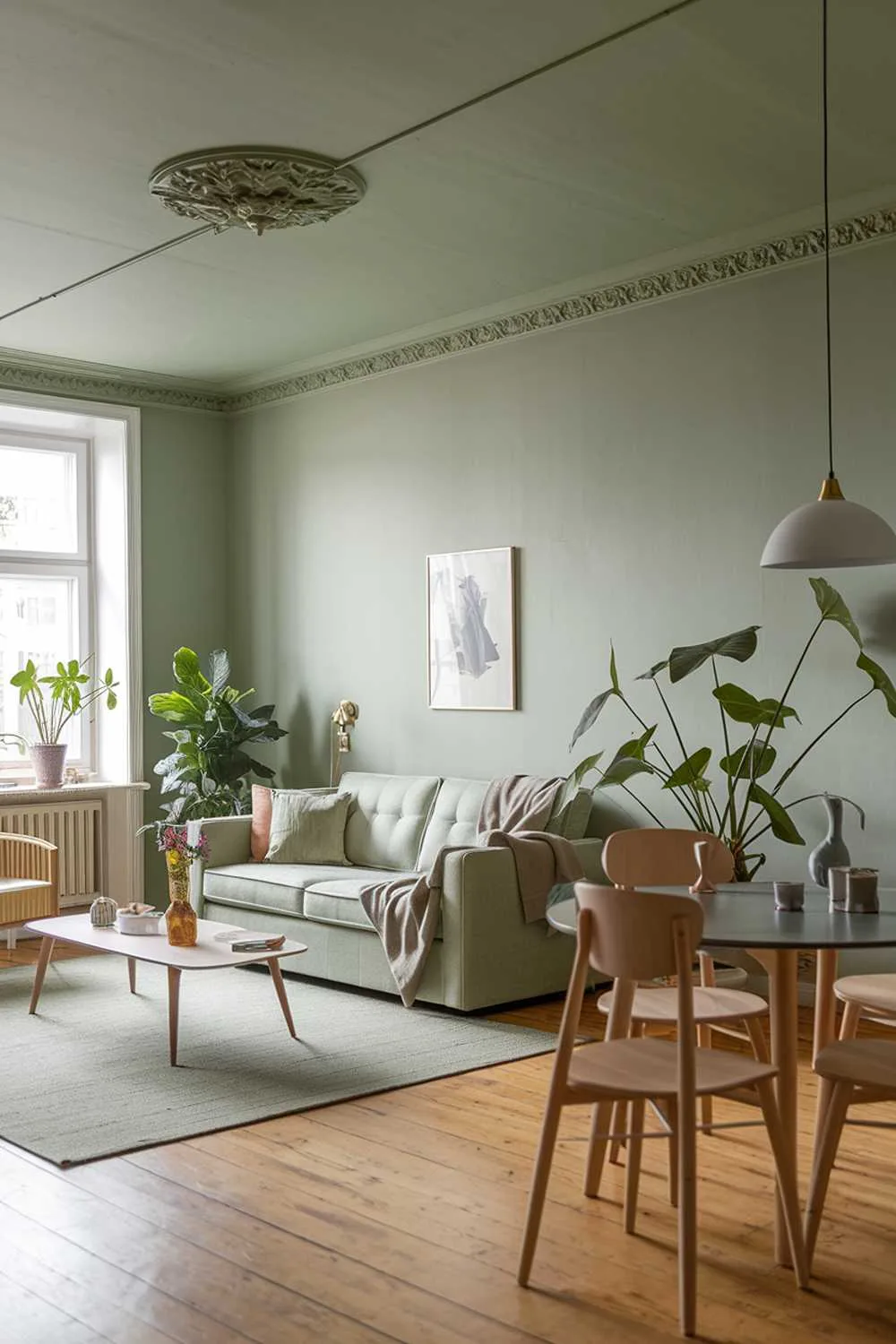 Open-concept living room with sage green walls and ceiling, wooden flooring, sofa, coffee table, dining table, chairs, and potted plants.