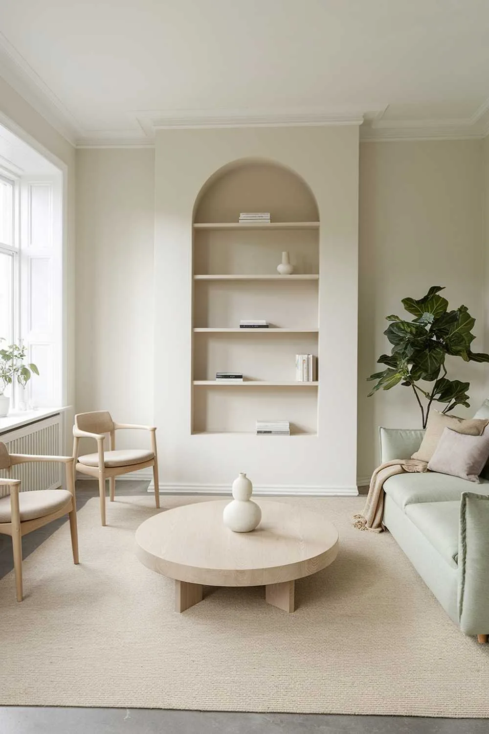 Bright living room with sage green accents, light wood coffee table with white vase, light wood chairs with beige cushions, beige rug, beige sofa with pillows, potted plant, white walls and ceiling.