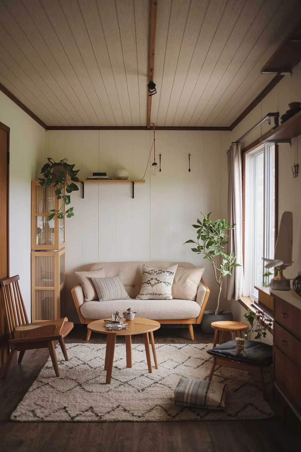 Small Scandinavian living room with wooden ceiling, dark wood floor, beige sofa, and plants