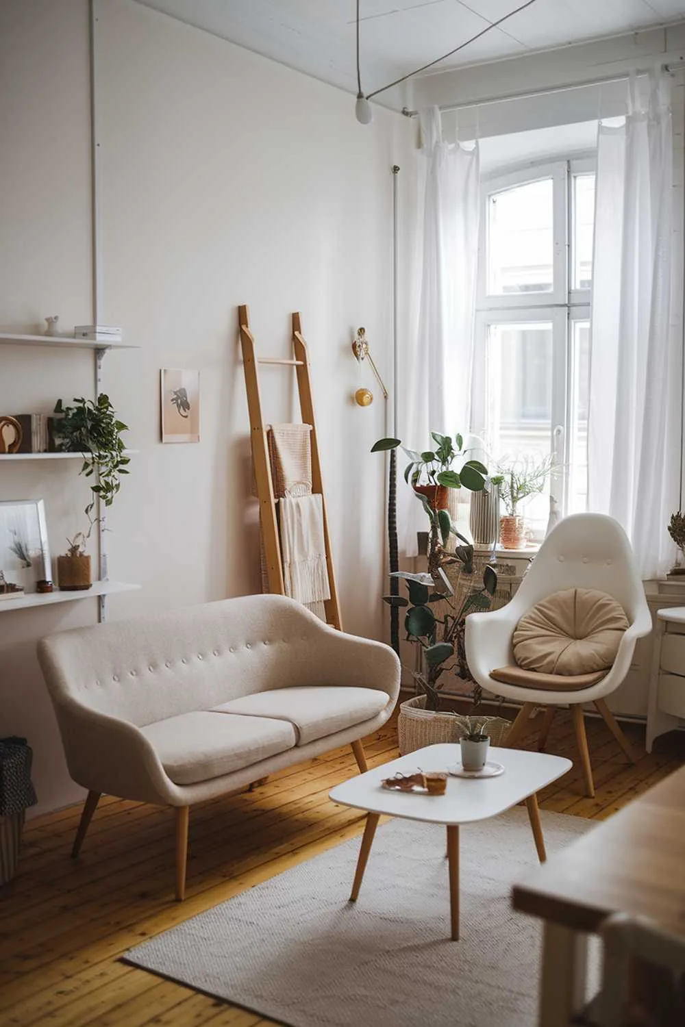 Small Scandinavian living room with wooden ladder used as storage, beige sofa, and white coffee table