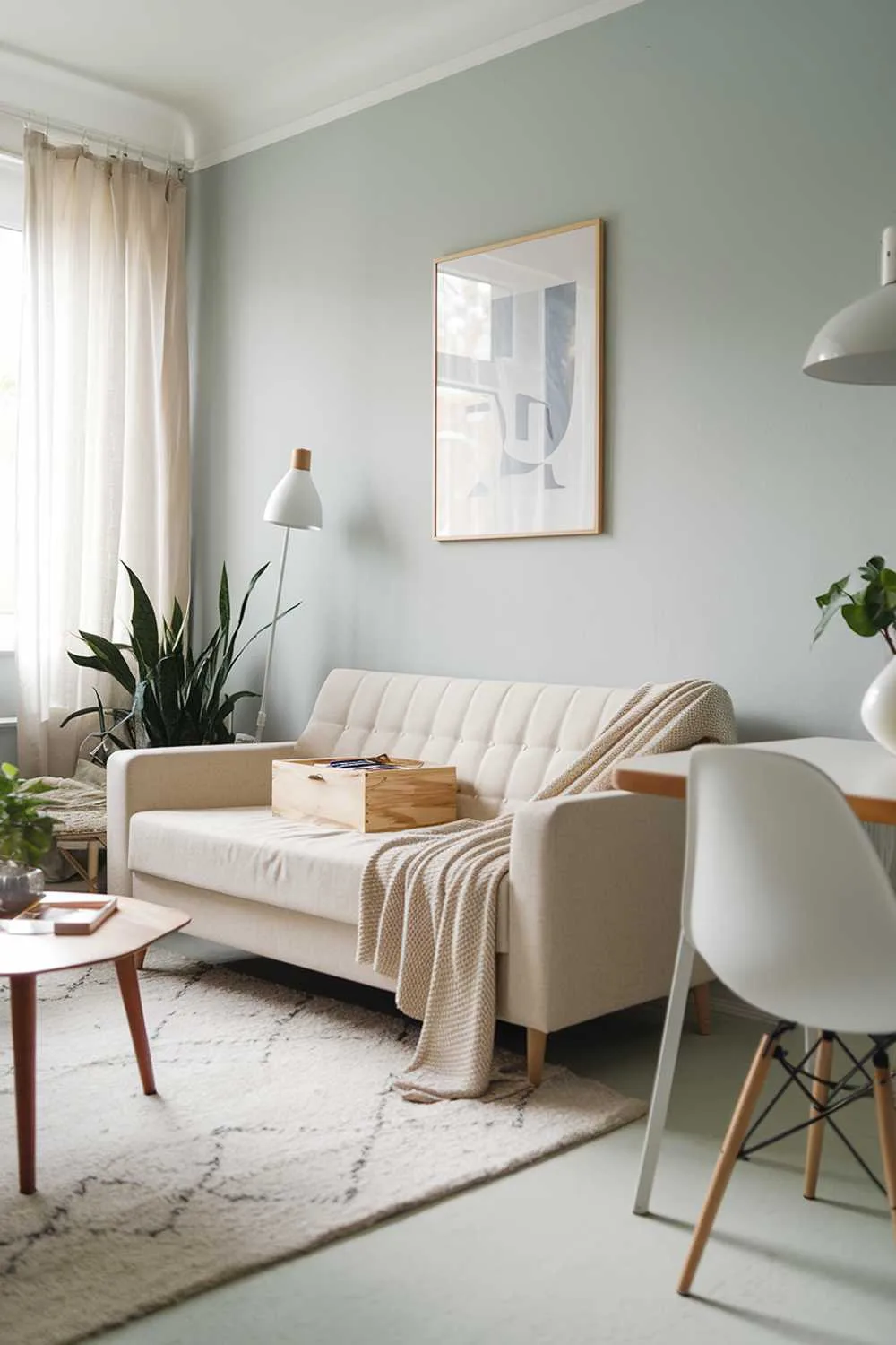 Scandinavian living room with beige sofa, white chair, wooden table, and textured accessories