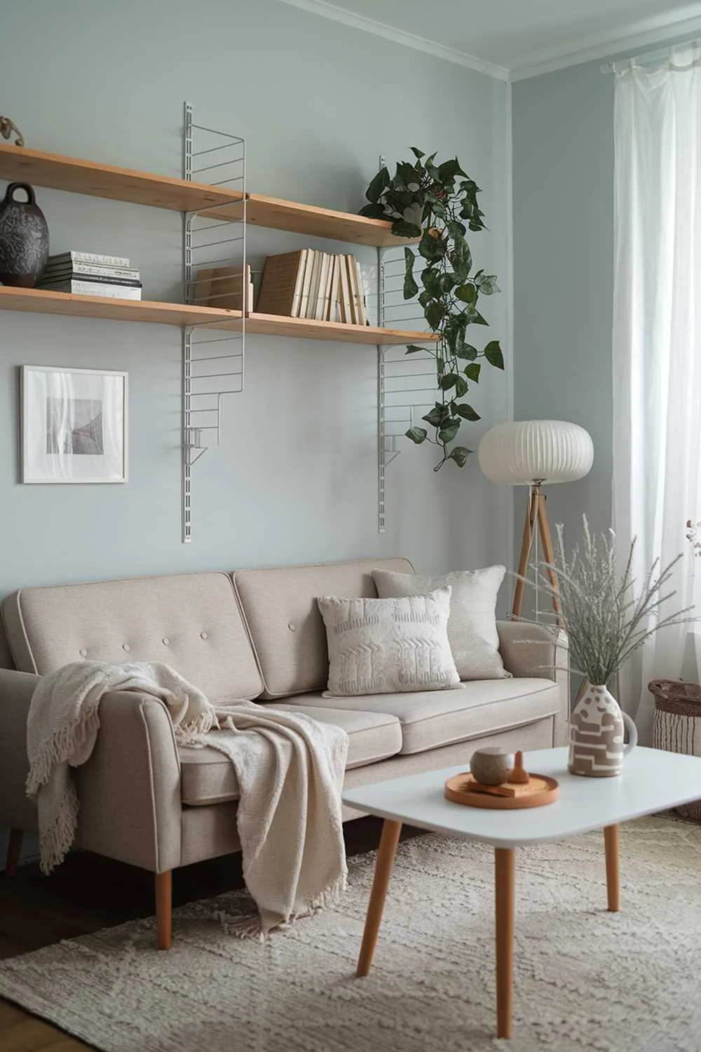 Small Scandinavian living room with light blue walls, beige sofa, wooden shelf, and plants
