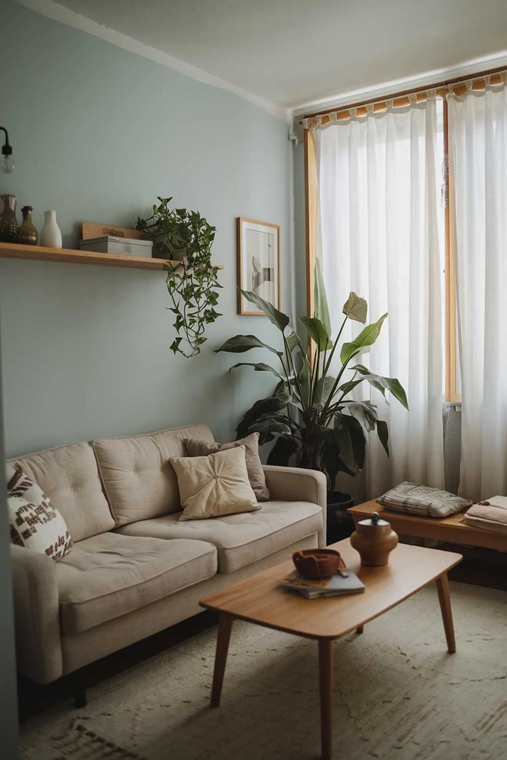 Scandinavian living room with beige sofa, wooden coffee table, light blue walls, white curtains, and large plant