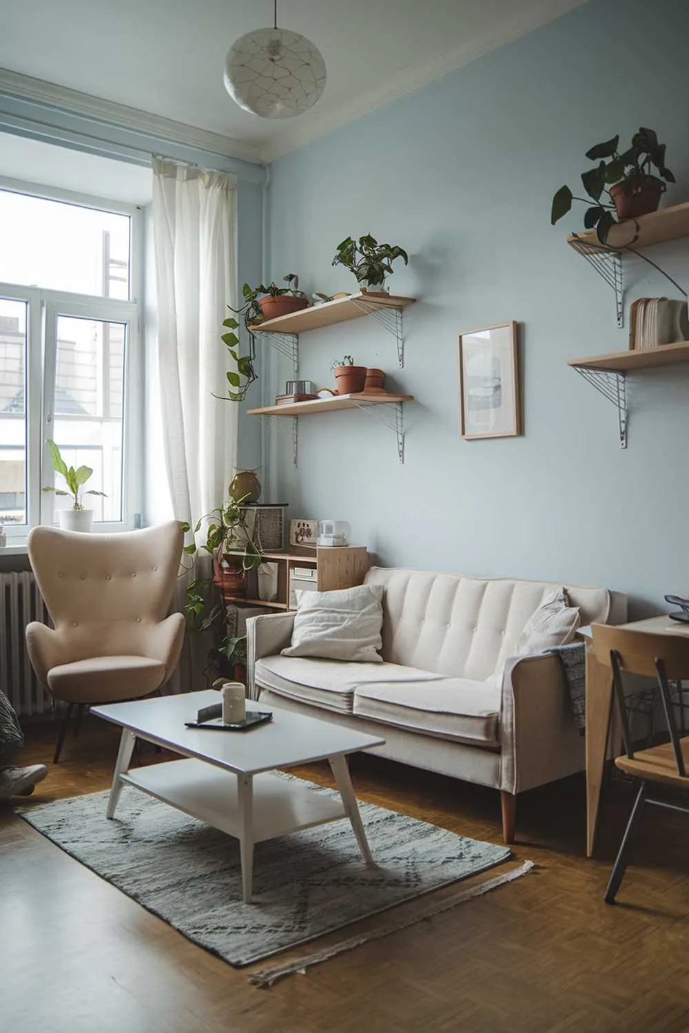 Small Scandinavian living room with beige sofa, white coffee table, wooden shelves, and plants