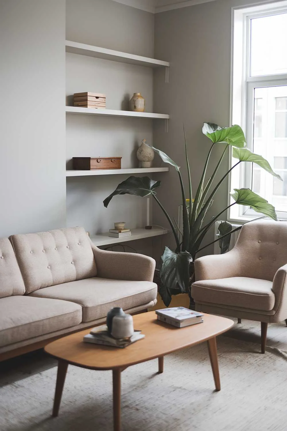 Scandinavian living room with beige sofa, armchair, wooden coffee table, light grey walls, and large plant