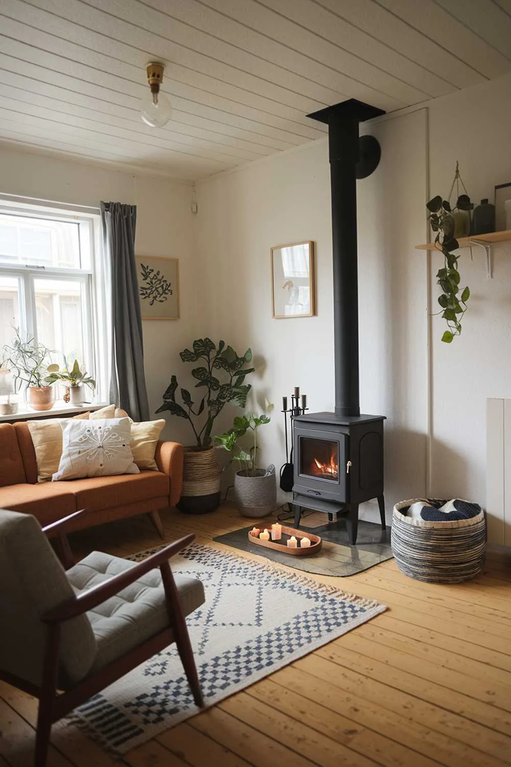 Cozy Scandinavian living room with wood-burning stove, sofa, chair, patterned rug, and candles