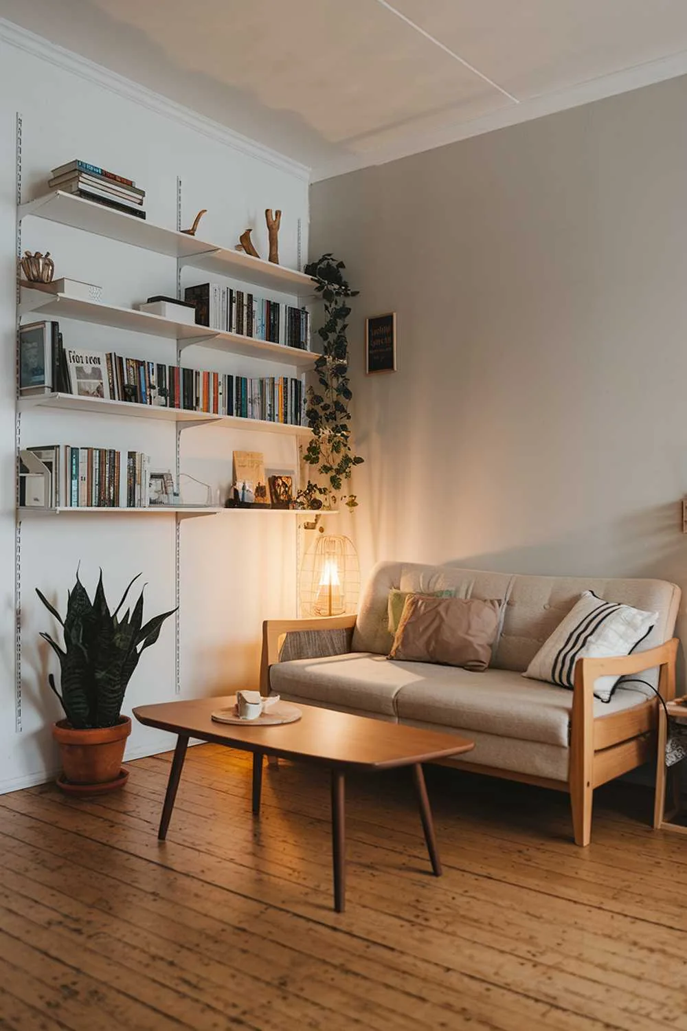 Small Scandinavian living room with beige sofa, wooden coffee table, white bookshelf filled with books, and potted plant