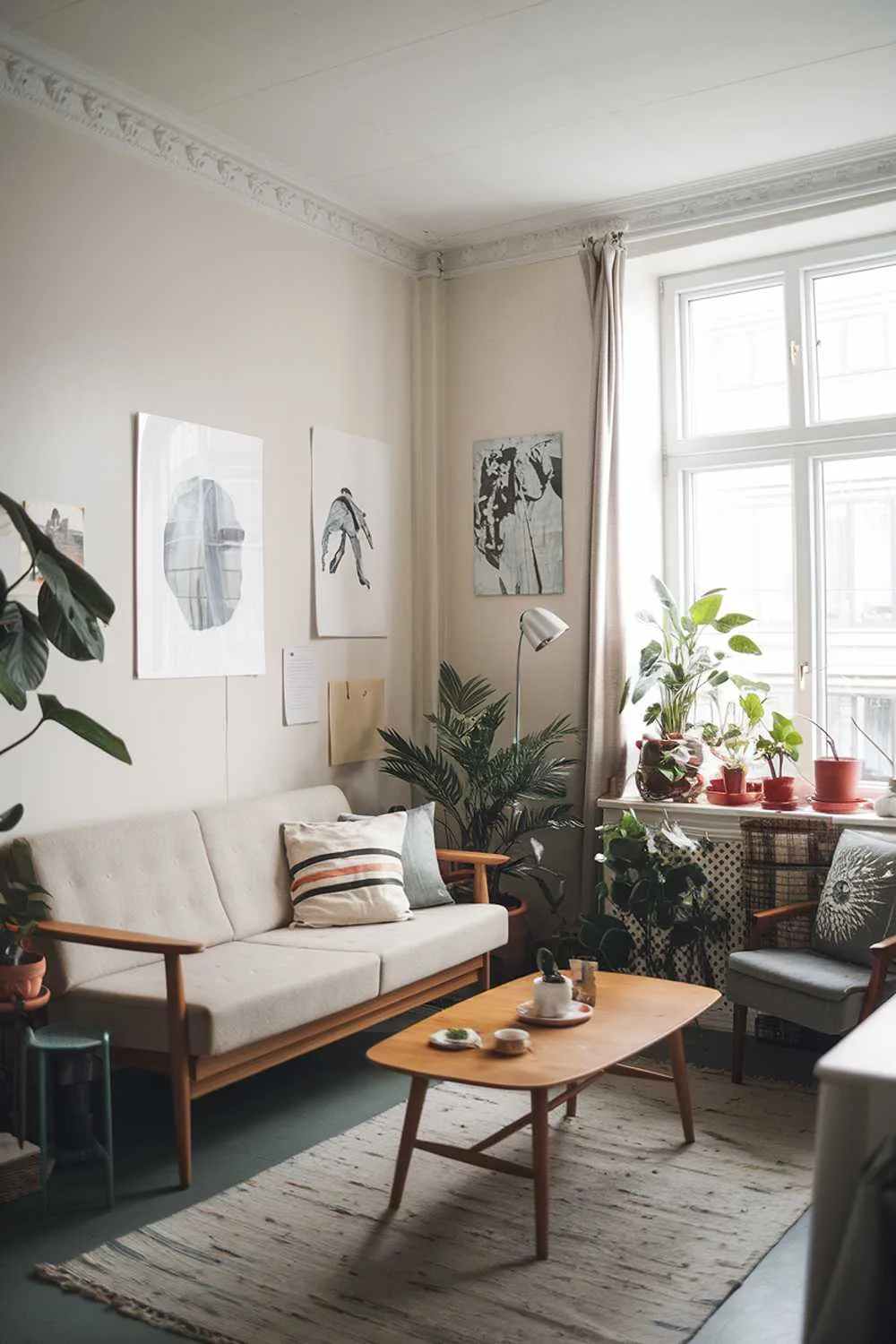 Scandinavian living room with beige wooden-frame sofa, potted plants, artwork on white walls, and wooden coffee table