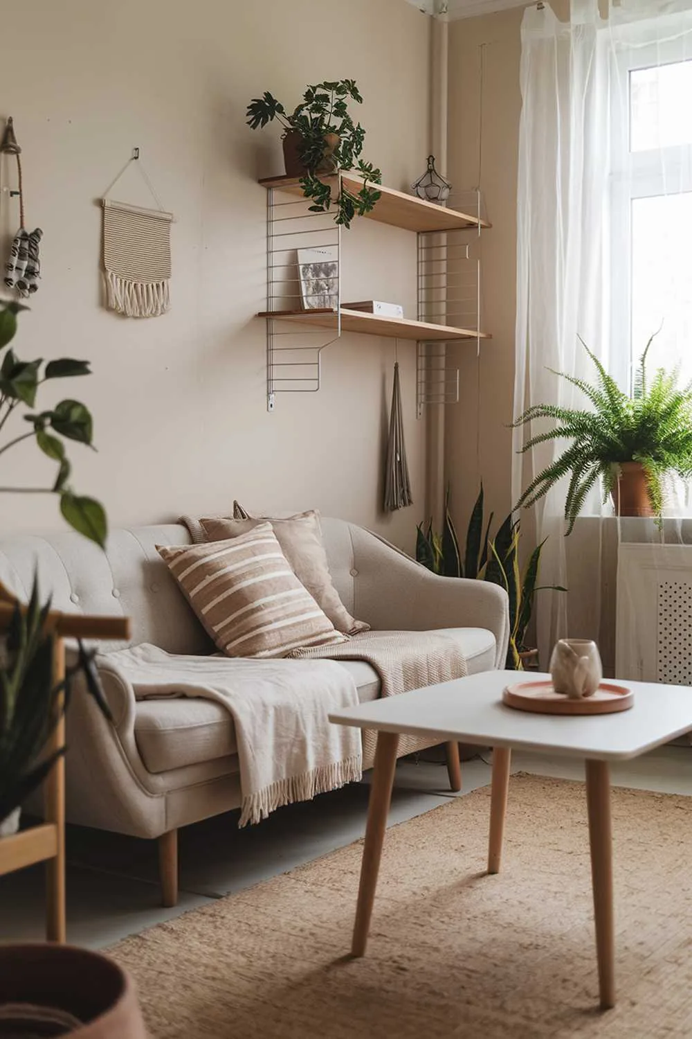 Scandinavian-style living room with beige sofa, white coffee table, wooden shelf, beige rug, and plants