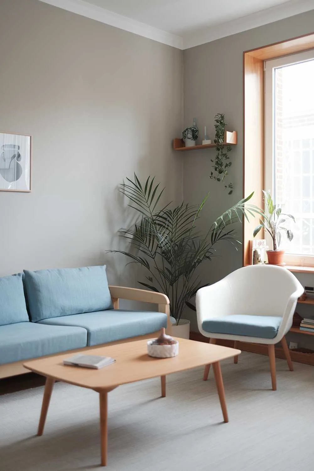 Scandinavian living room with beige sofa, blue cushions, wooden coffee table, white chair with blue cushion, and potted plant