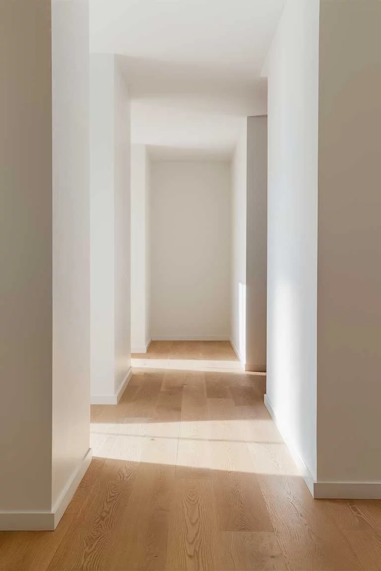 Corner of a room featuring pristine white walls meeting wide-plank light oak flooring.