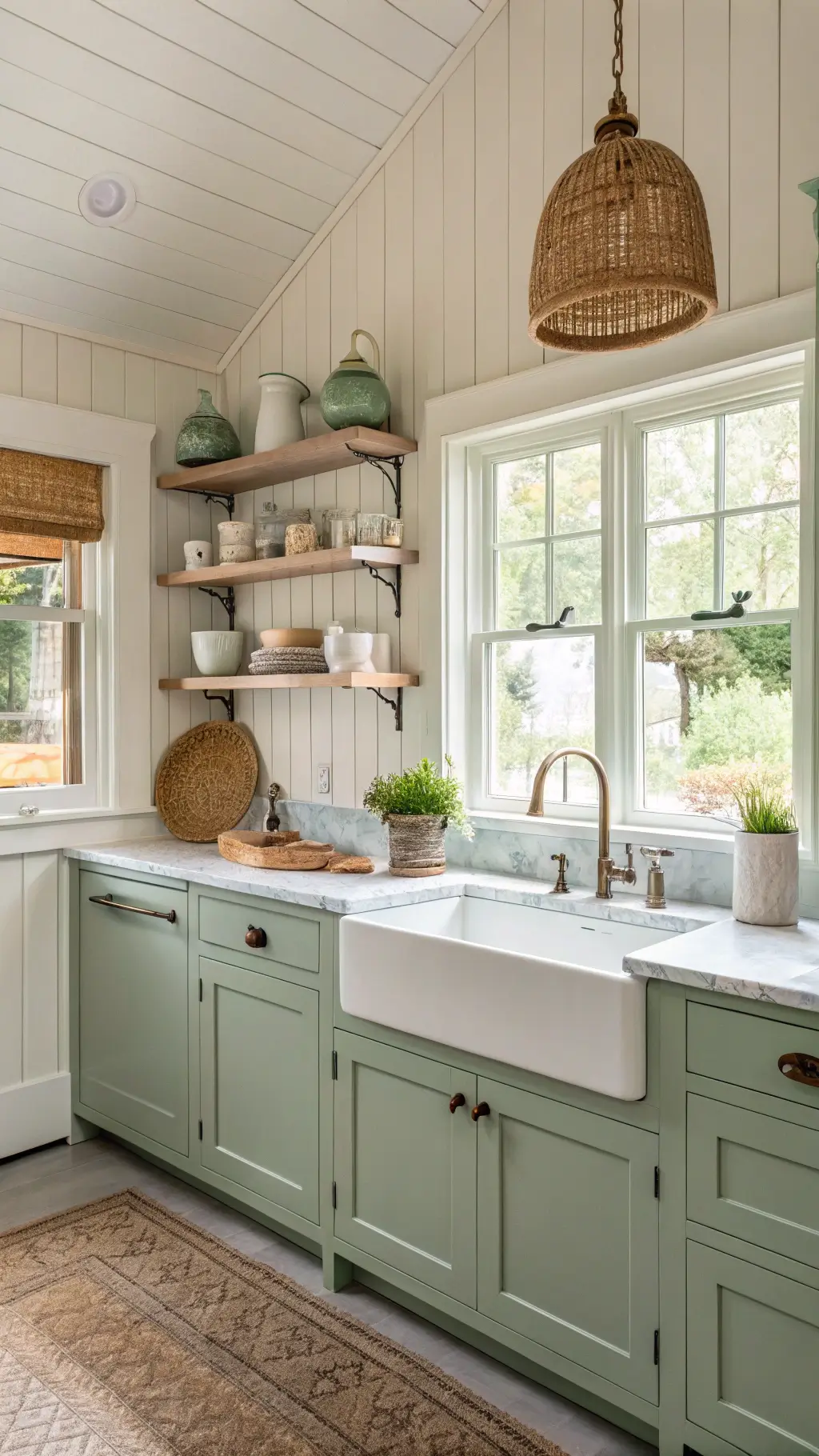 Cozy cottage kitchen with sage green cabinets, white marble countertops, open shelving, vintage pottery, and woven pendant lights over a farmhouse sink by a garden window