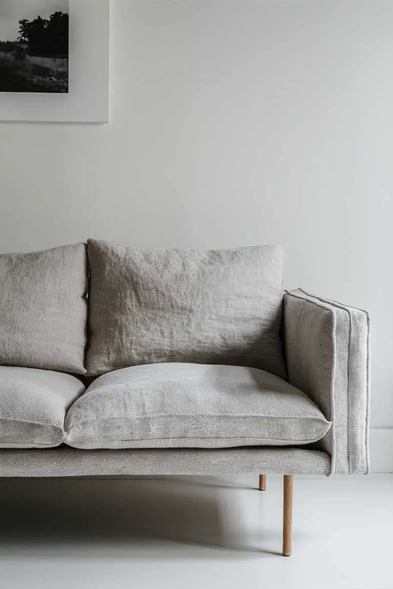 Minimalist sofa with clean lines and light linen upholstery, supported by slender wooden legs.