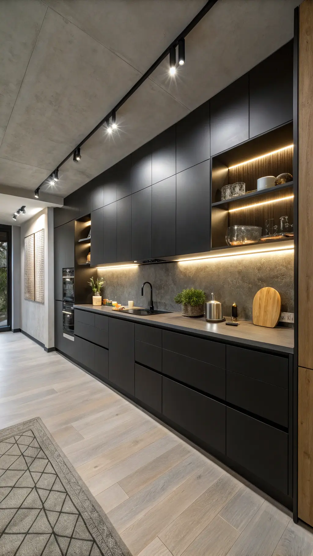 Minimalist kitchen with matte black handle-less cabinets, pale oak flooring, concrete countertops, and curated monochrome decor on floating shelves