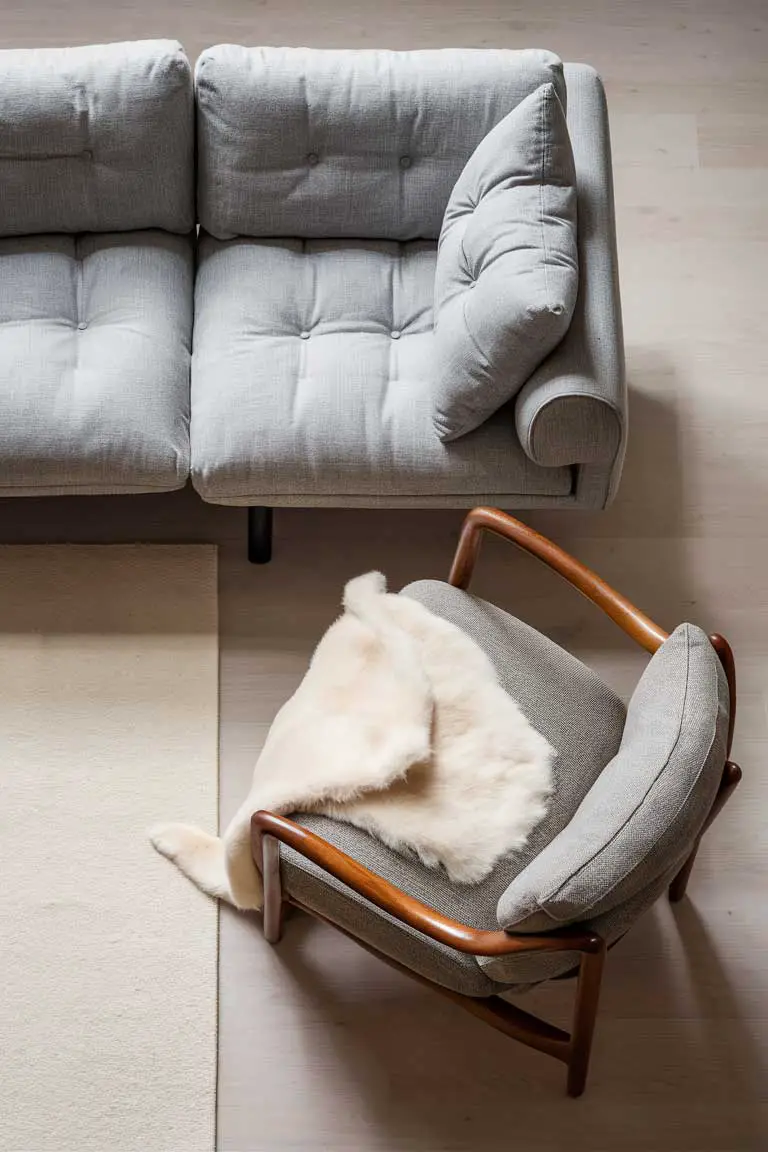 Arrangement with a light gray tufted sofa and a wooden armchair draped with a white sheepskin throw.