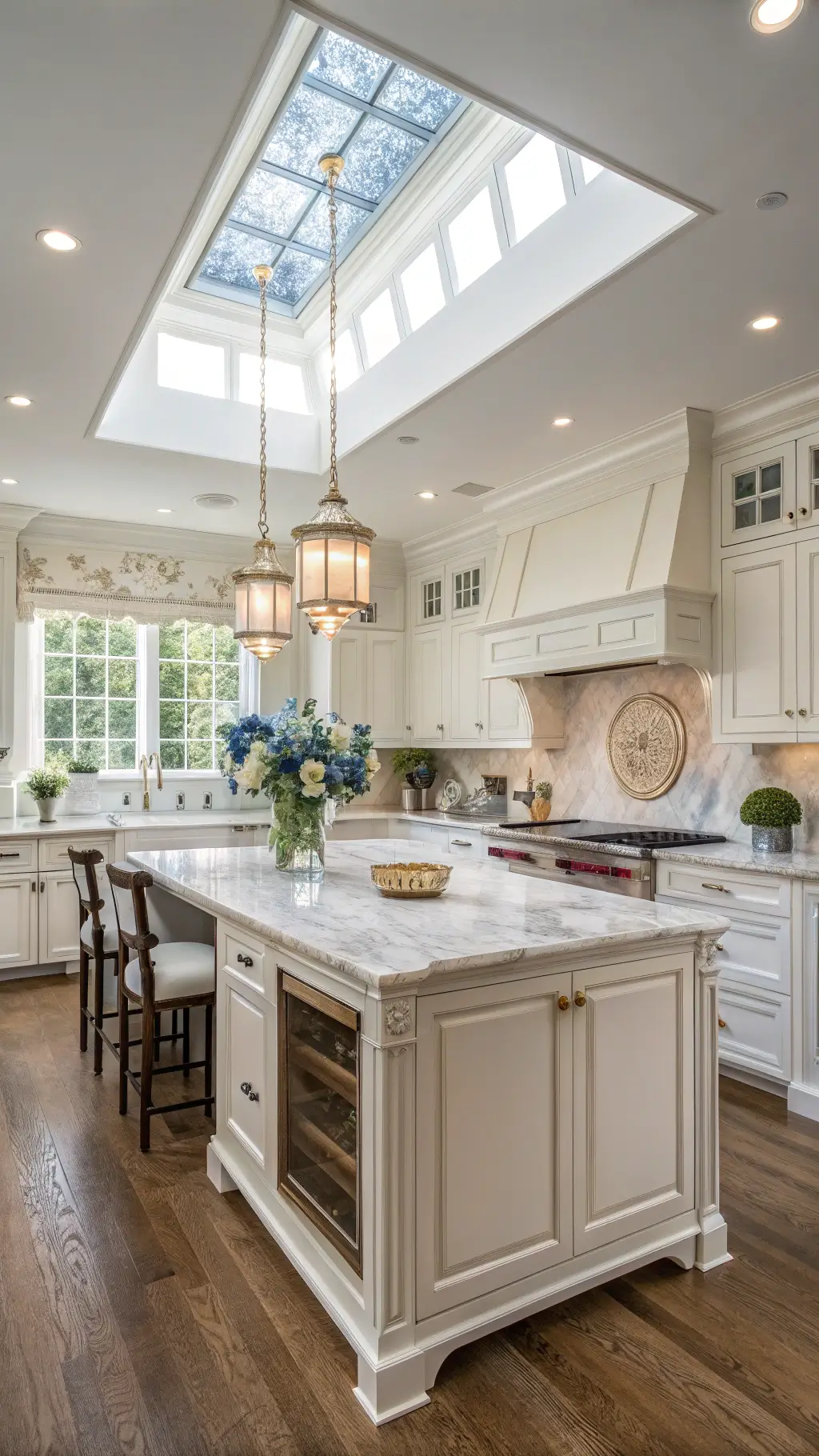 Transitional kitchen with warm white cabinets, marble backsplash, antique brass hardware, blue-and-white chinoiserie decor, and fresh flowers under skylight illumination