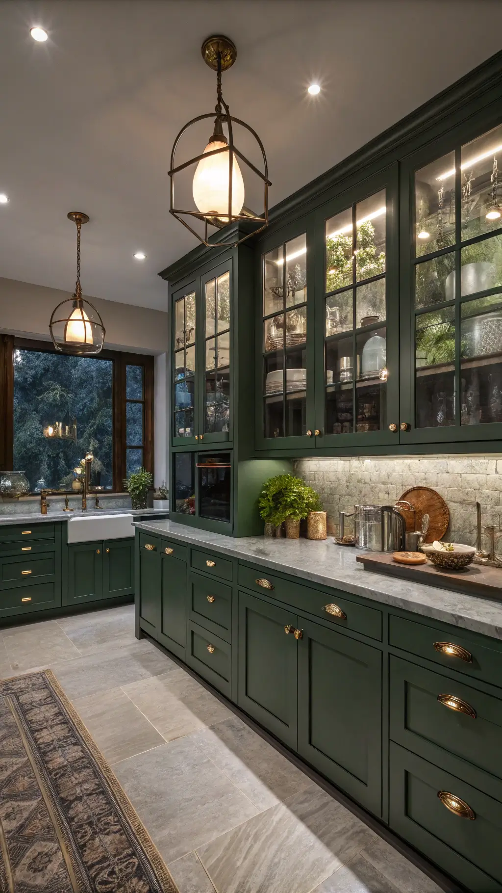 Elegant forest green kitchen with ceiling cabinets, pendant lighting, granite countertops, glass-front cabinets, mixed metal hardware, and botanical artwork during twilight