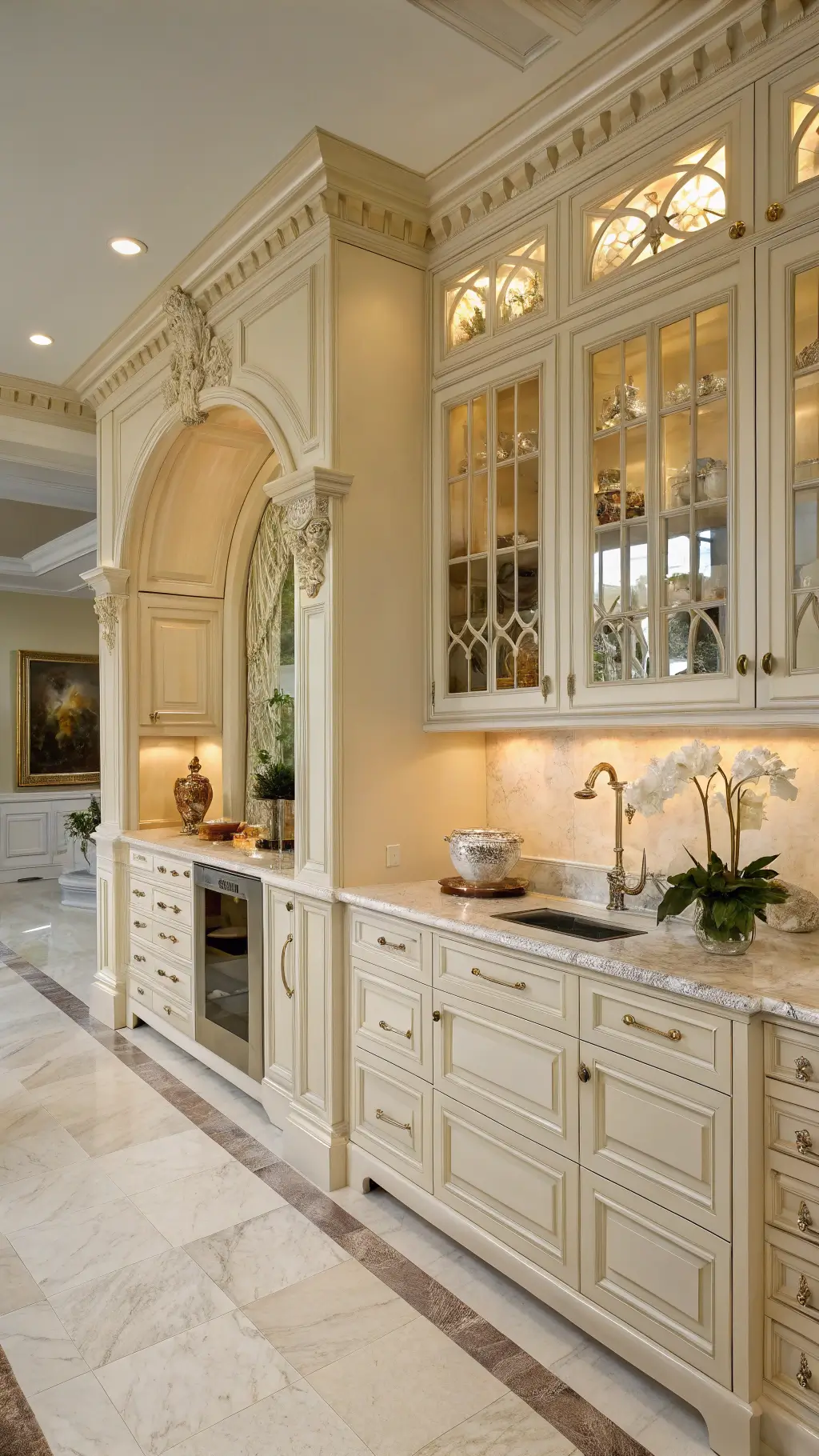 Luxurious traditional kitchen with creamy white cabinets, antique brass hardware, Calacatta marble surfaces, and warm afternoon light highlighting a butler's pantry
