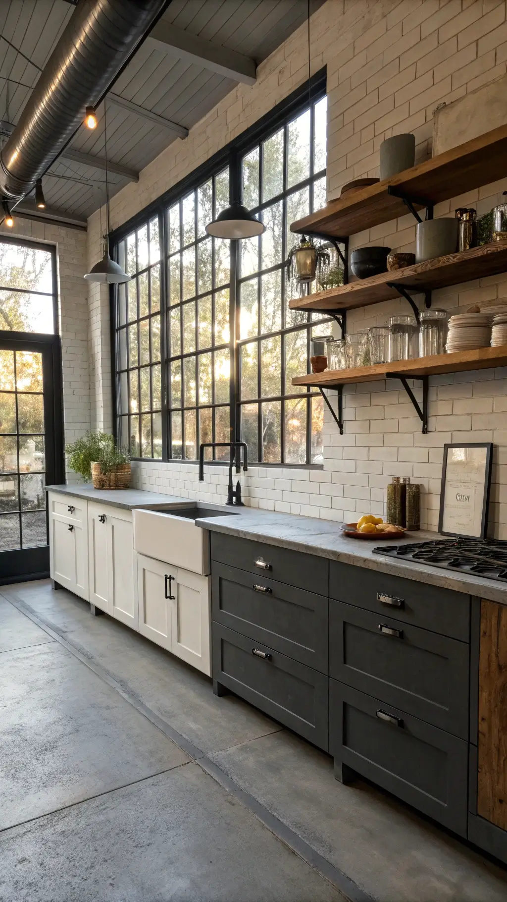 Industrial-style kitchen with two-tone charcoal and white cabinets, concrete countertops, black steel hardware, and sunlight streaming through steel-framed windows
