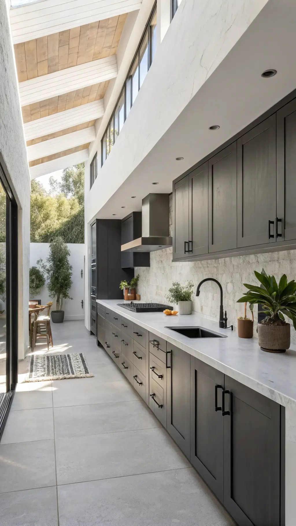 Airy modern kitchen with charcoal cabinets, quartz waterfall island, matte black hardware, geometric ceramics, and architectural plants from an elevated angle