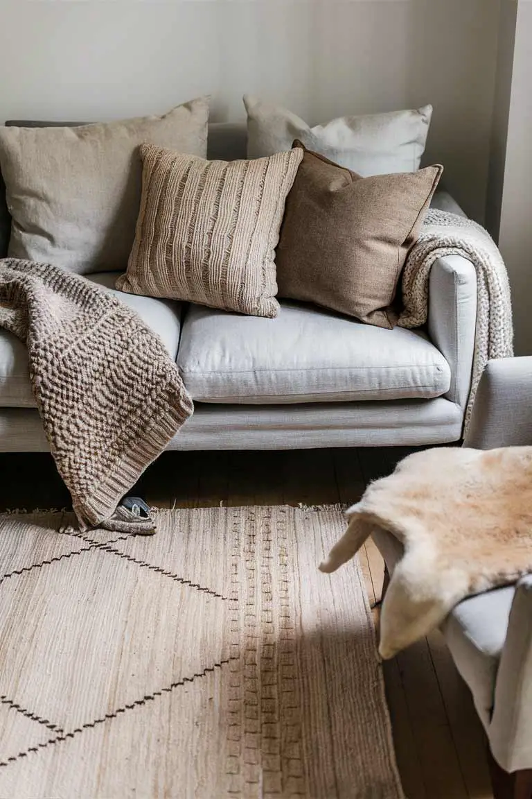 Cozy seating area with pillows in linen, wool, and canvas, a chunky knit throw, and a sheepskin rug.
