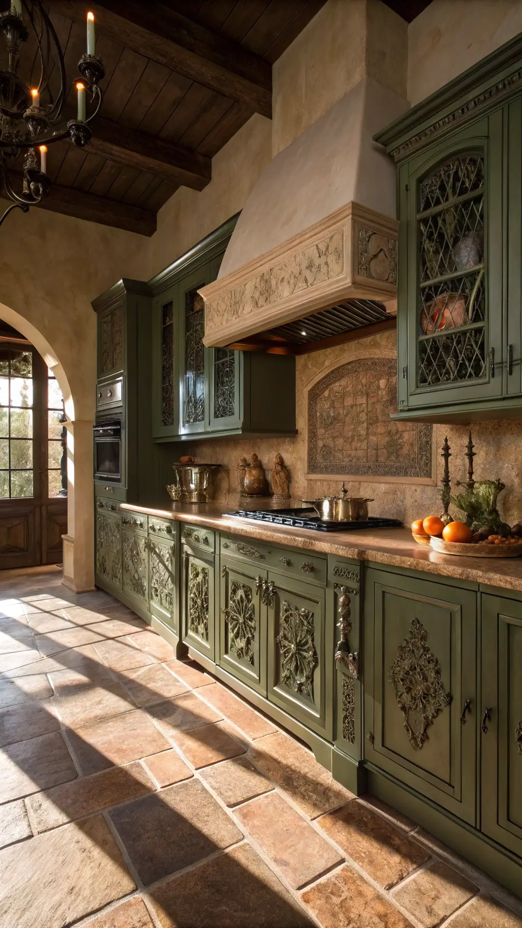 Mediterranean-inspired kitchen featuring olive green cabinets with carved details, limestone countertops, antique brass hardware, and terra cotta tiles illuminated by warm afternoon sunlight