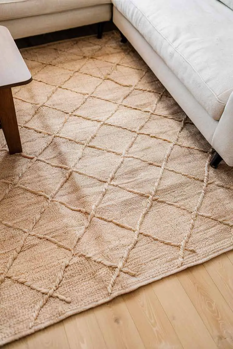 Living room floor with a large neutral rug featuring a subtle geometric pattern over light wood flooring.