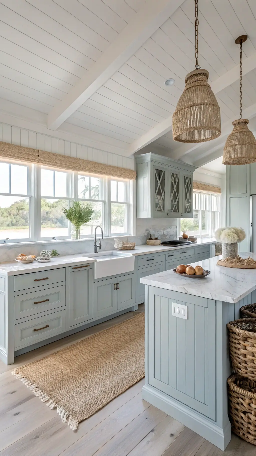 Relaxed coastal kitchen with blue-gray cabinets, white oak flooring, quartzite countertops, woven pendant lights, and weathered wood accents bathed in soft morning light