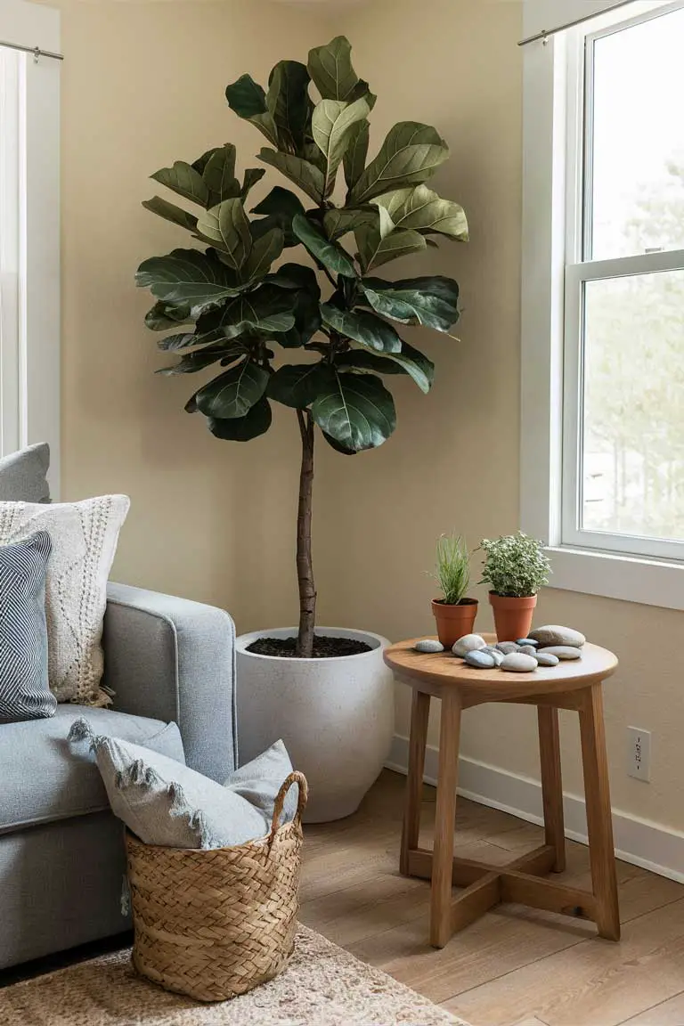 Living room corner with a large fiddle leaf fig in a white pot, small potted herbs on a wooden side table, and a woven basket with throw pillows.
