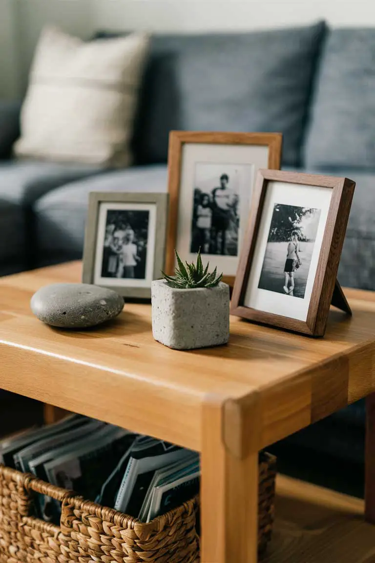 Wooden side table with natural decor: wooden frames, concrete planter, river stone, and woven basket underneath.