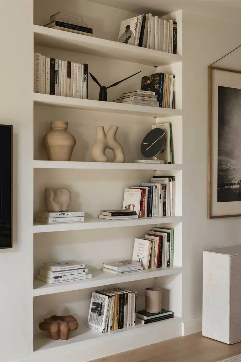Styled bookshelf with sparse books, ceramic vases, and a minimalist black and white clock.