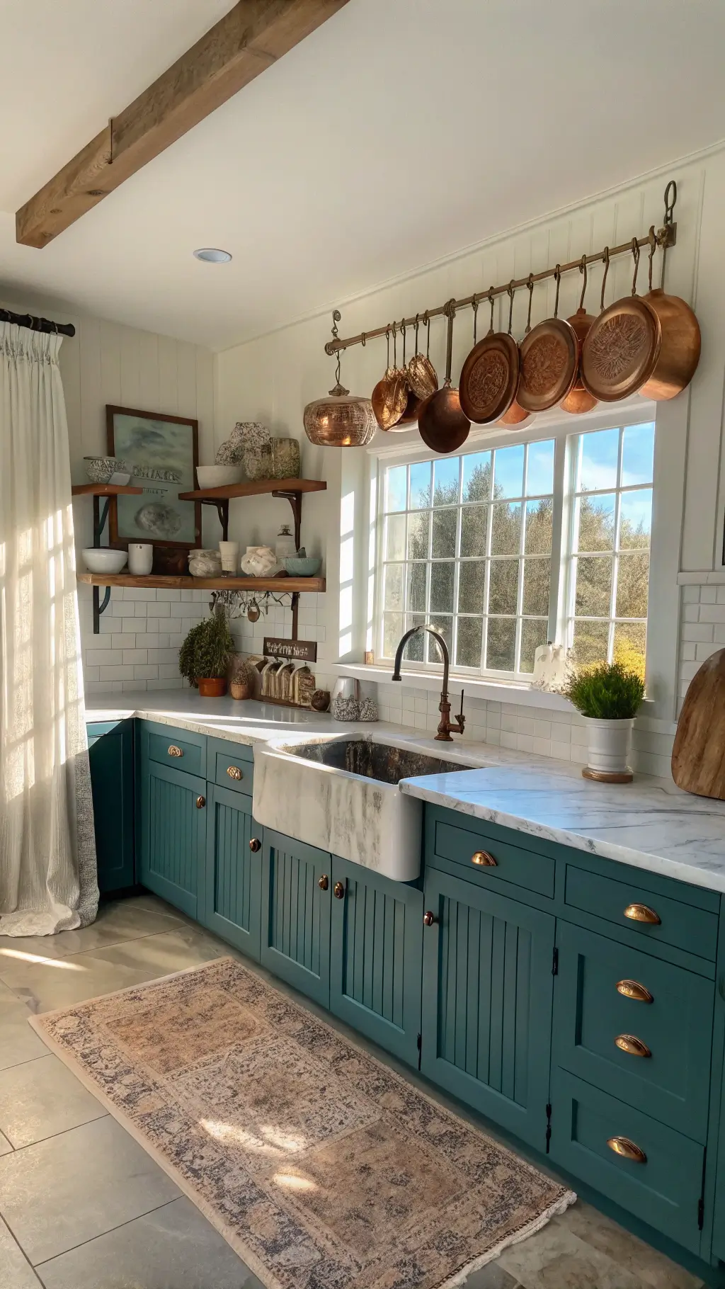 Modern farmhouse kitchen with teal cabinets, cream walls, vintage copper pots, wood island, and marble top
