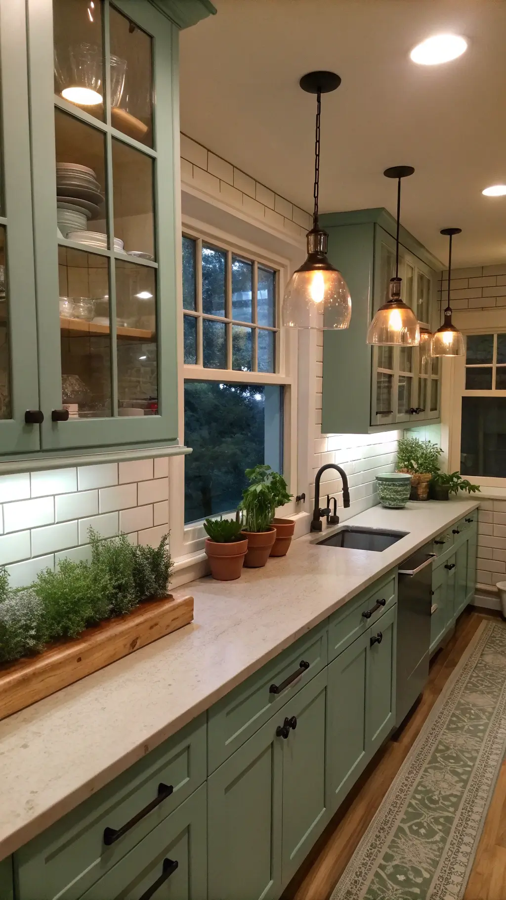 Cozy galley kitchen with teal cabinets, glass uppers, cream subway tile backsplash, butcher block counters, pendant lighting, and potted herbs