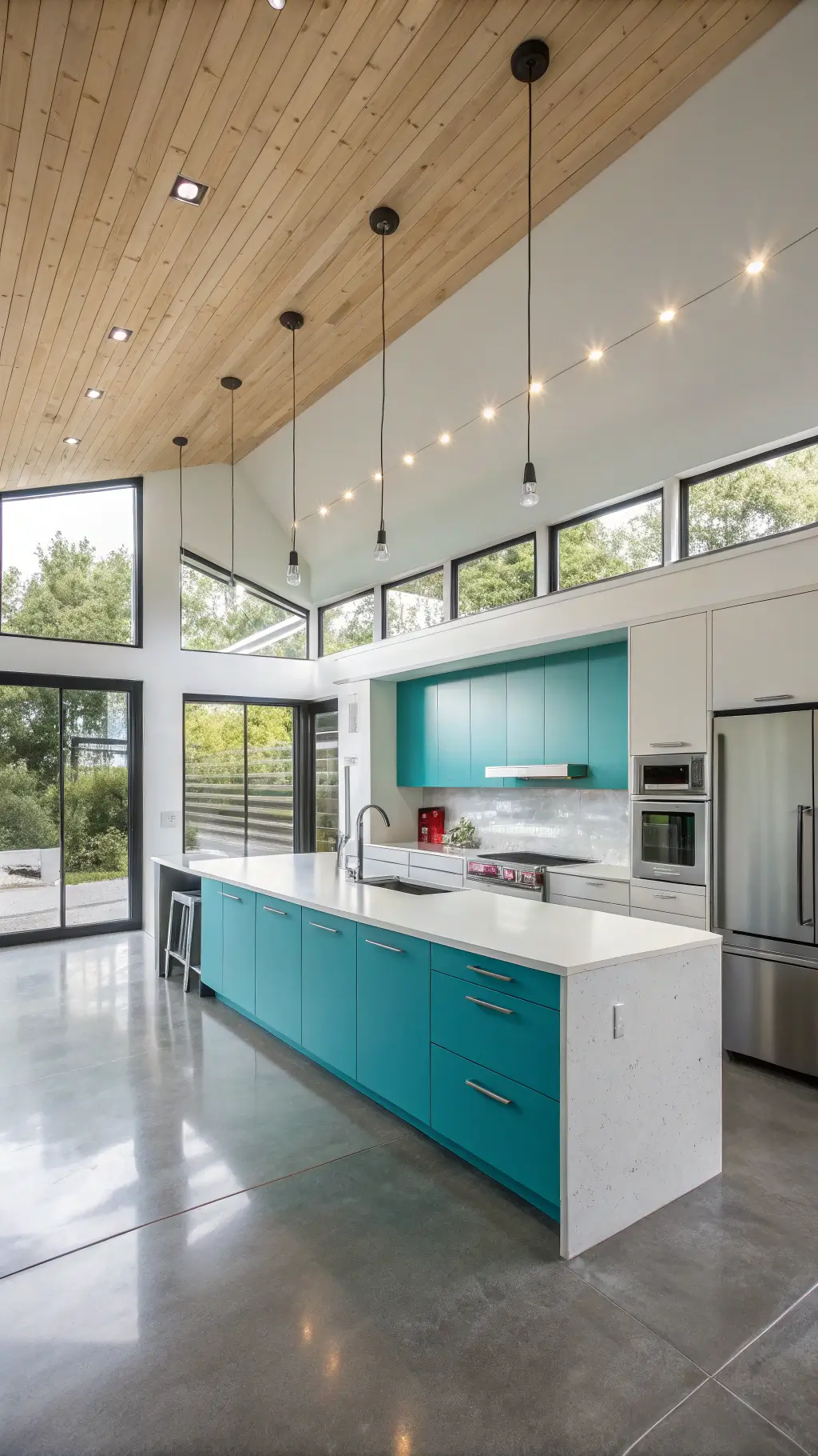 Minimalist kitchen with turquoise cabinets, quartz island, concrete floors, stainless steel appliances, and floor-to-ceiling windows