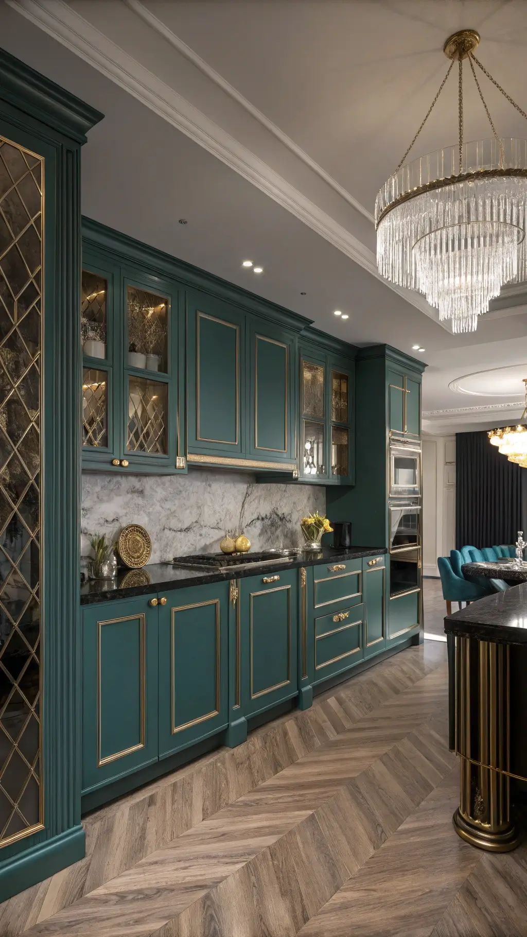 Glamorous open-concept kitchen with teal cabinets, gold inlay, black granite counters, marble island, crystal chandelier, herringbone hardwood floors, and art deco accents