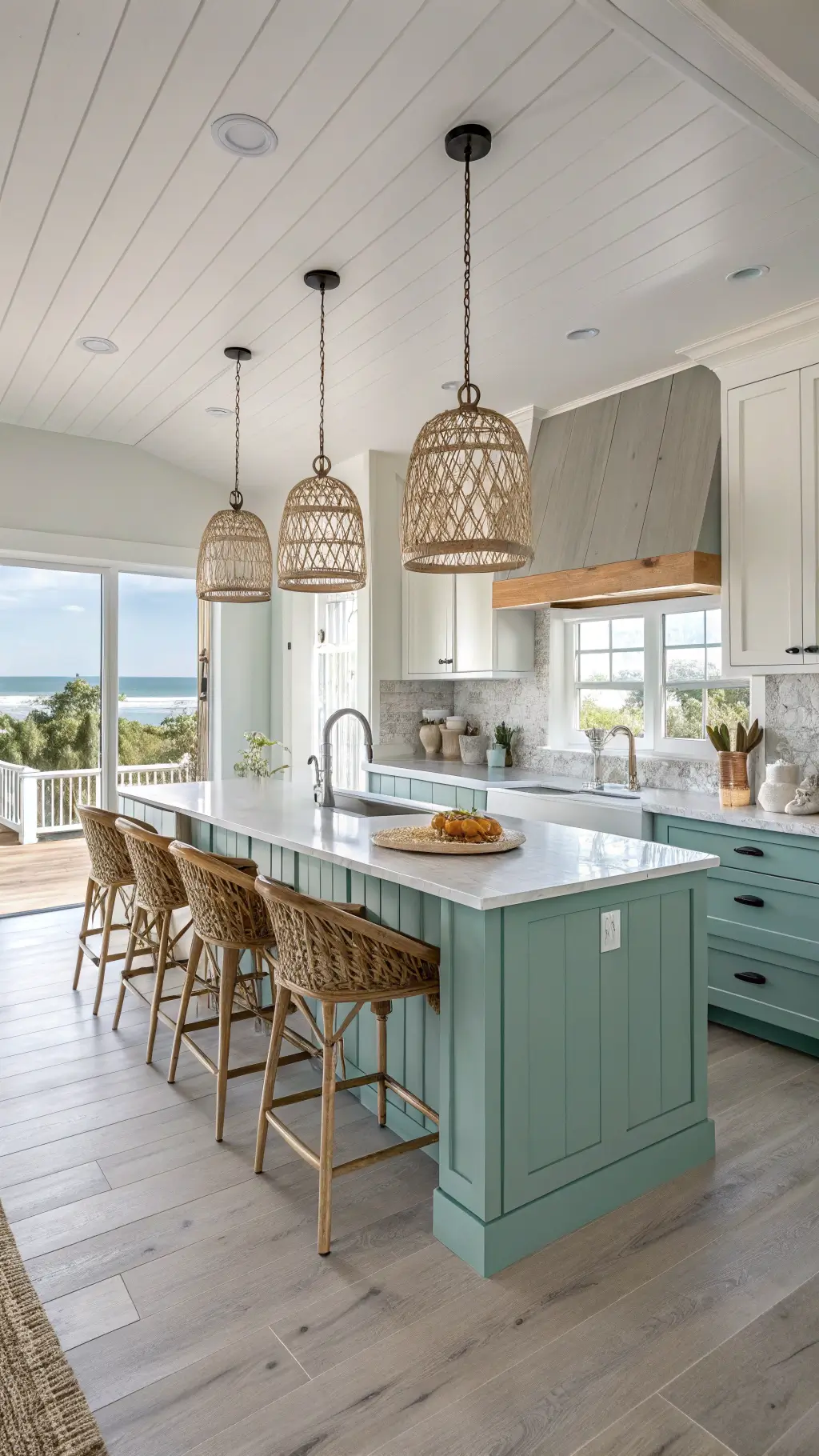 Bright coastal kitchen with light teal and white cabinets, quartzite counters, rattan pendant lights, bar stools, and bleached wide-plank floors