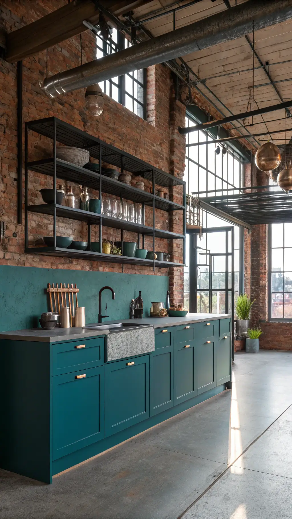 Urban loft kitchen with peacock teal cabinets, concrete counters, exposed brick, steel beams, floating metal shelves, and large factory windows