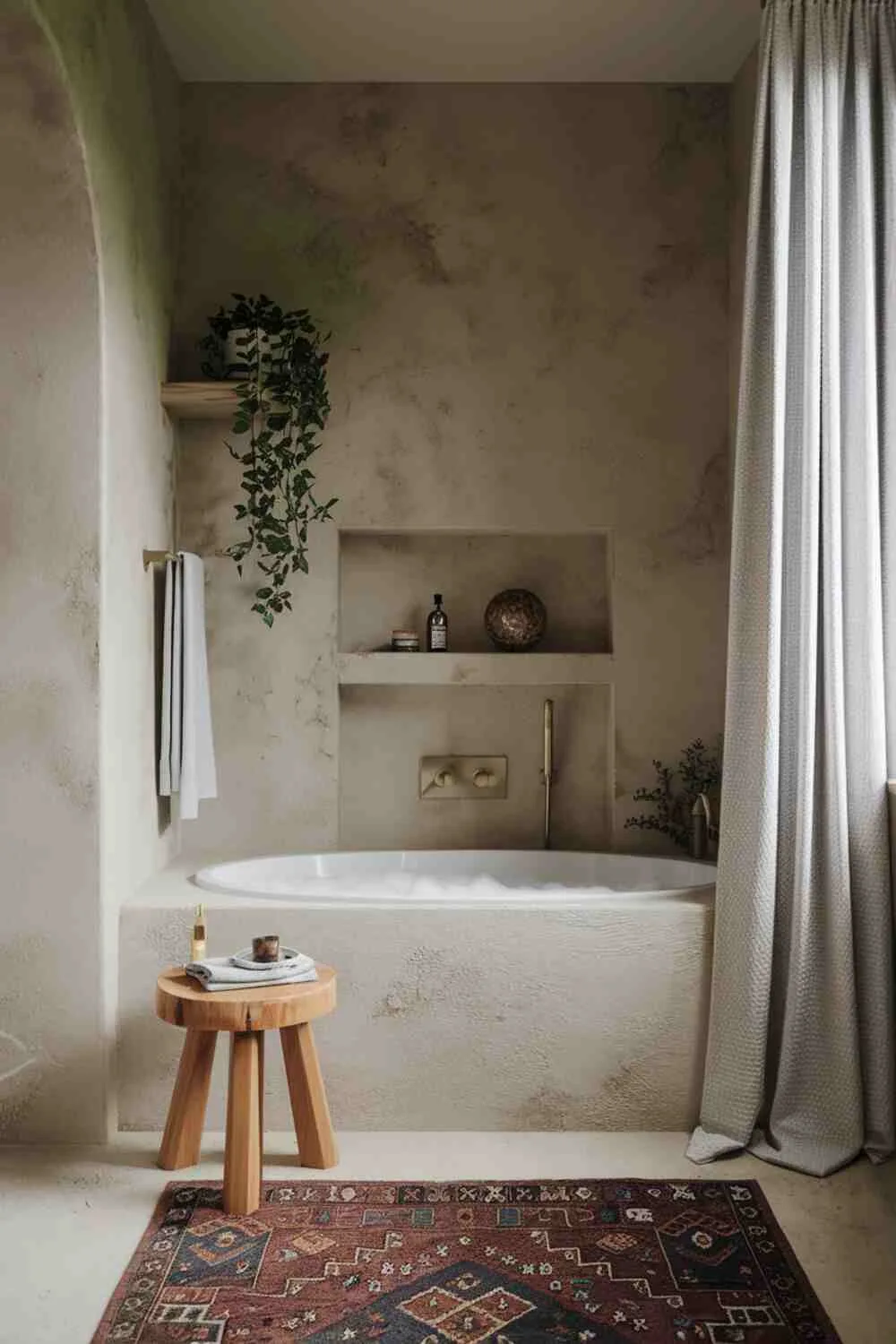 Cozy bathroom with freestanding bathtub, wooden stool, plants, and textured walls