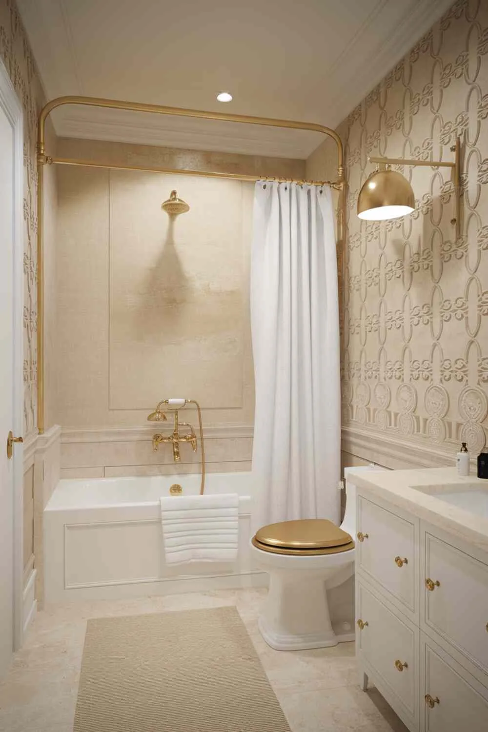 Bathroom with gold fixtures, beige tiles, and elegant lighting