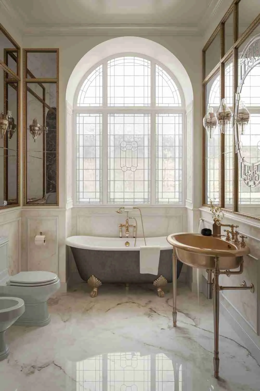 Bathroom with marble floor, freestanding tub, vintage sink, and gold-framed mirror