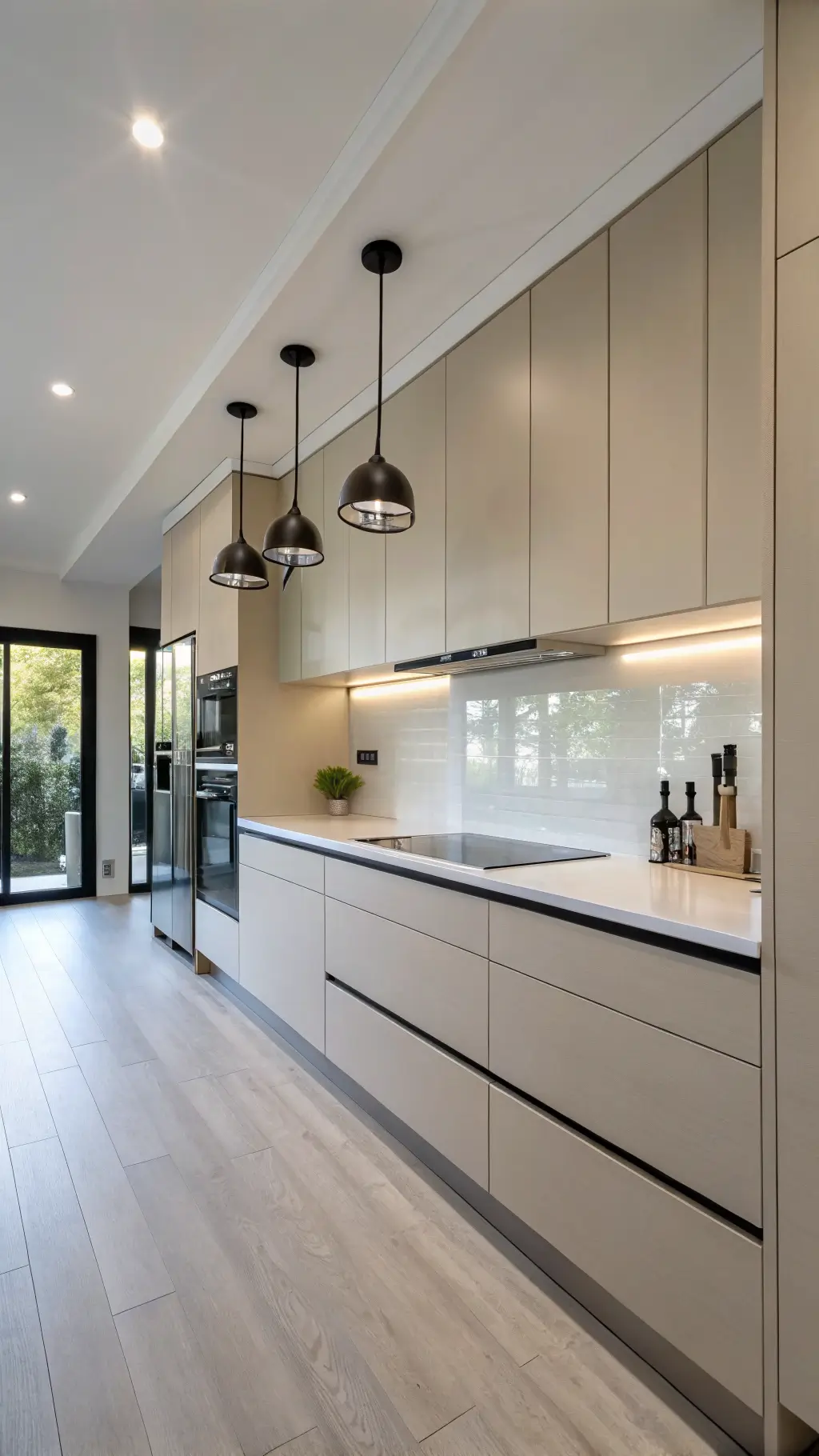 Minimalist kitchen with floor-to-ceiling cool beige cabinets, sleek white quartz countertops, black steel hardware, and smoked glass pendant lighting, styled with geometric ceramics.