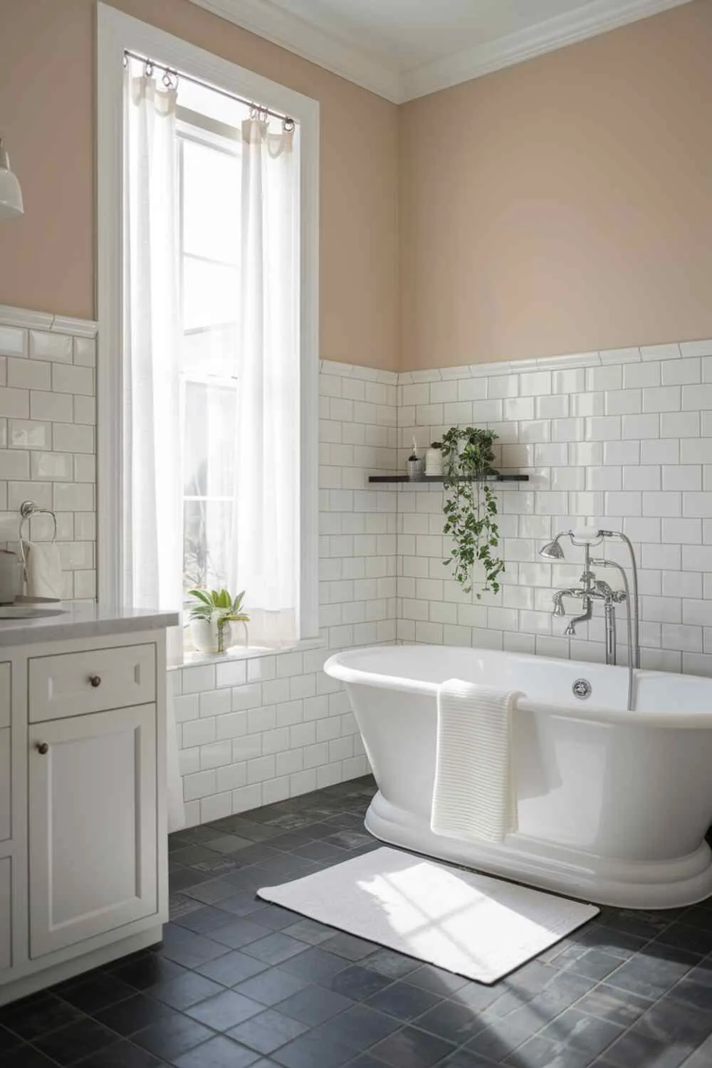 Bathroom with tiered wall design, freestanding tub, and floating shelf with plant