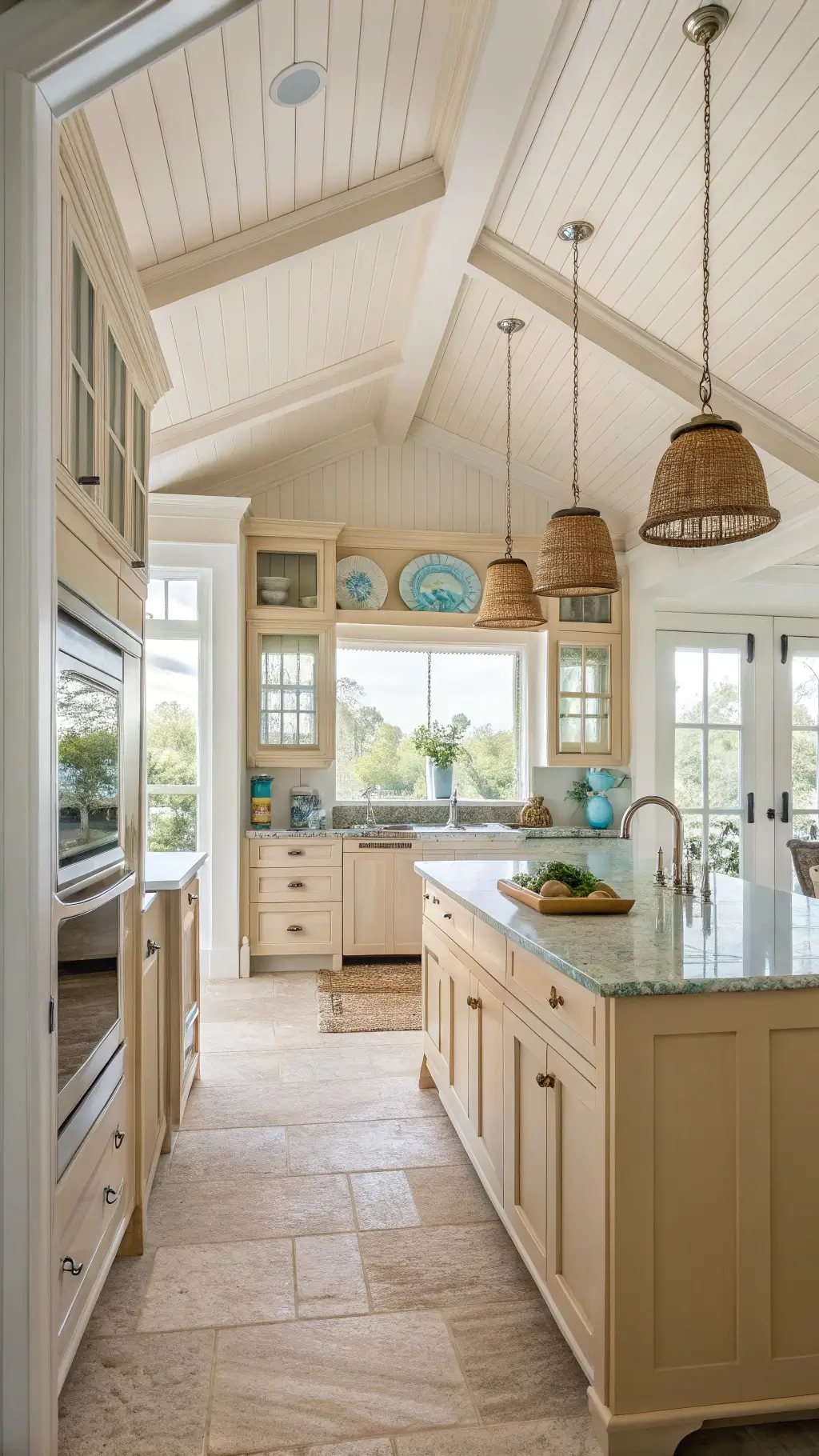 Coastal-inspired beige kitchen with glass-front cabinets, limestone countertops, rattan pendant lights, and pale blue accents creating a serene atmosphere.