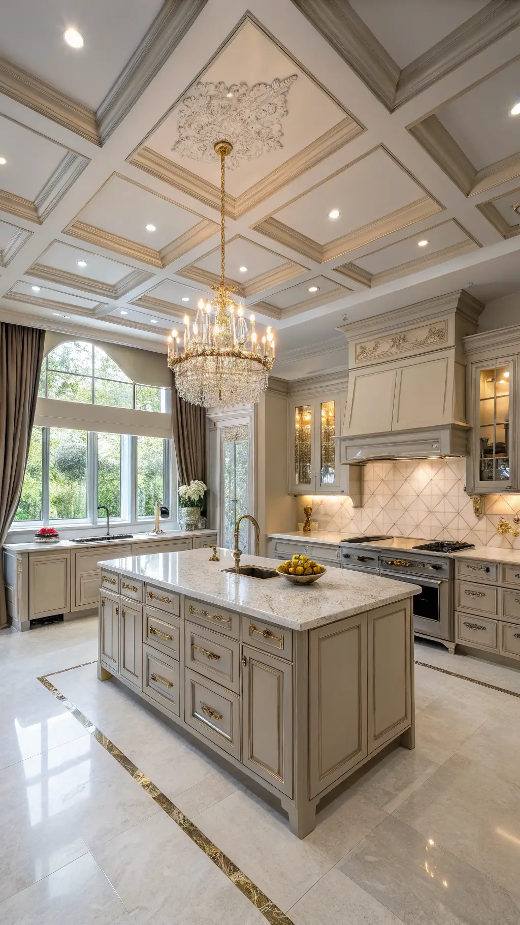 Luxurious transitional kitchen with greige cabinetry, Calacatta gold marble waterfall island, brass fixtures, and silk curtains illuminated by a crystal chandelier and recessed lighting.