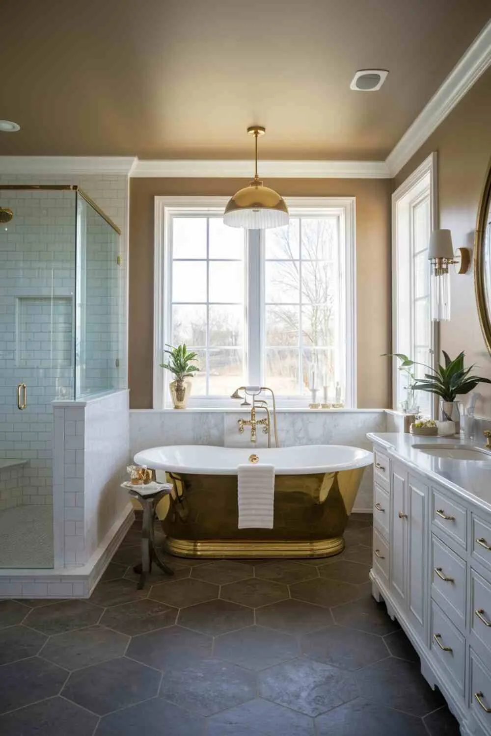 Opulent bathroom with gold bathtub, dark floor tiles, and gold-accented vanity
