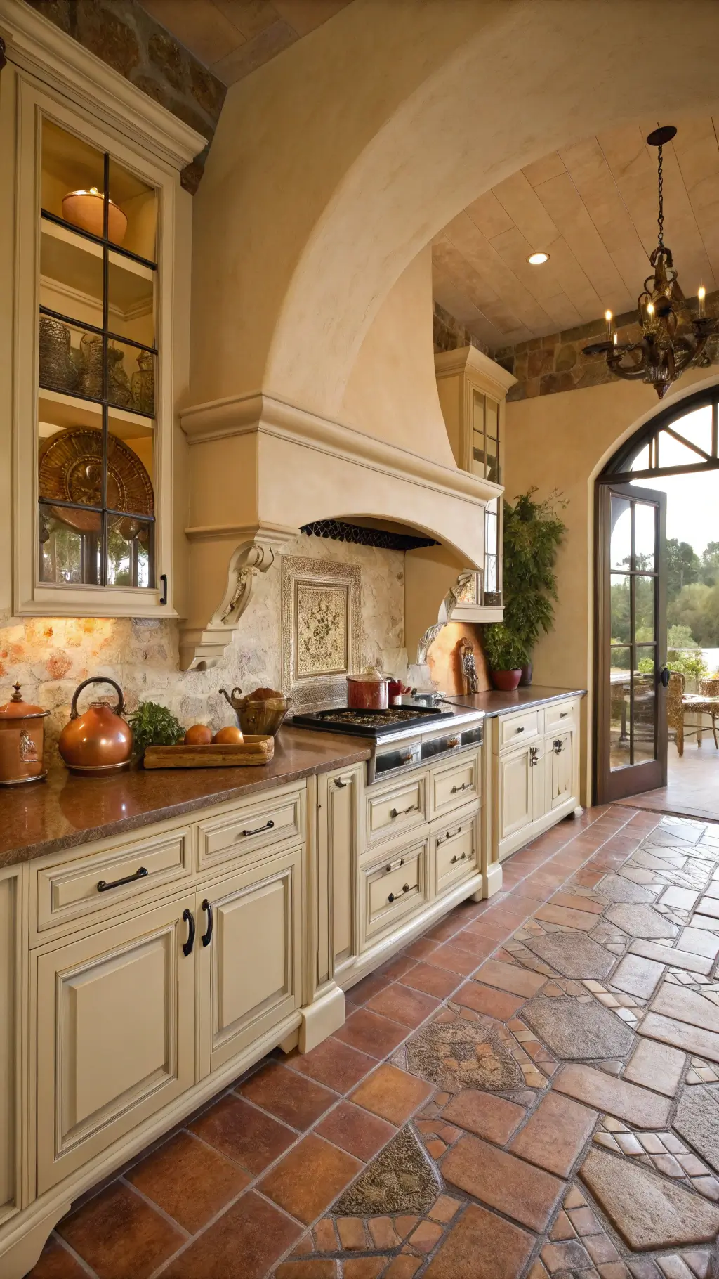 Mediterranean kitchen with arched entry, terracotta flooring, distressed beige cabinets with bronze hardware, tumbled stone backsplash, and copper cookware bathed in warm golden light.
