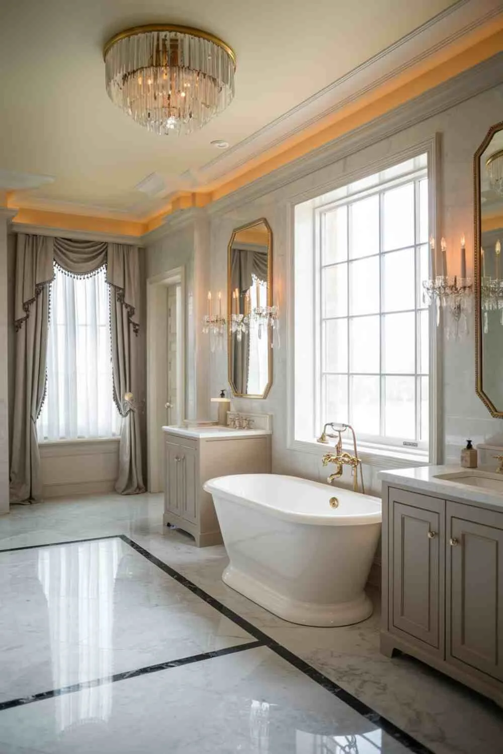 Bathroom with dual sinks, freestanding tub, gold-framed mirror, and crystal chandelier