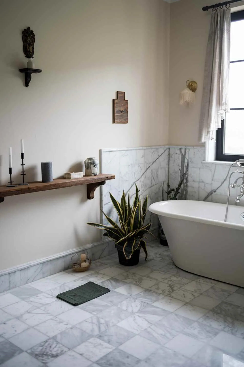 Minimalist bathroom with freestanding tub, marble floor, wooden shelf, and plants