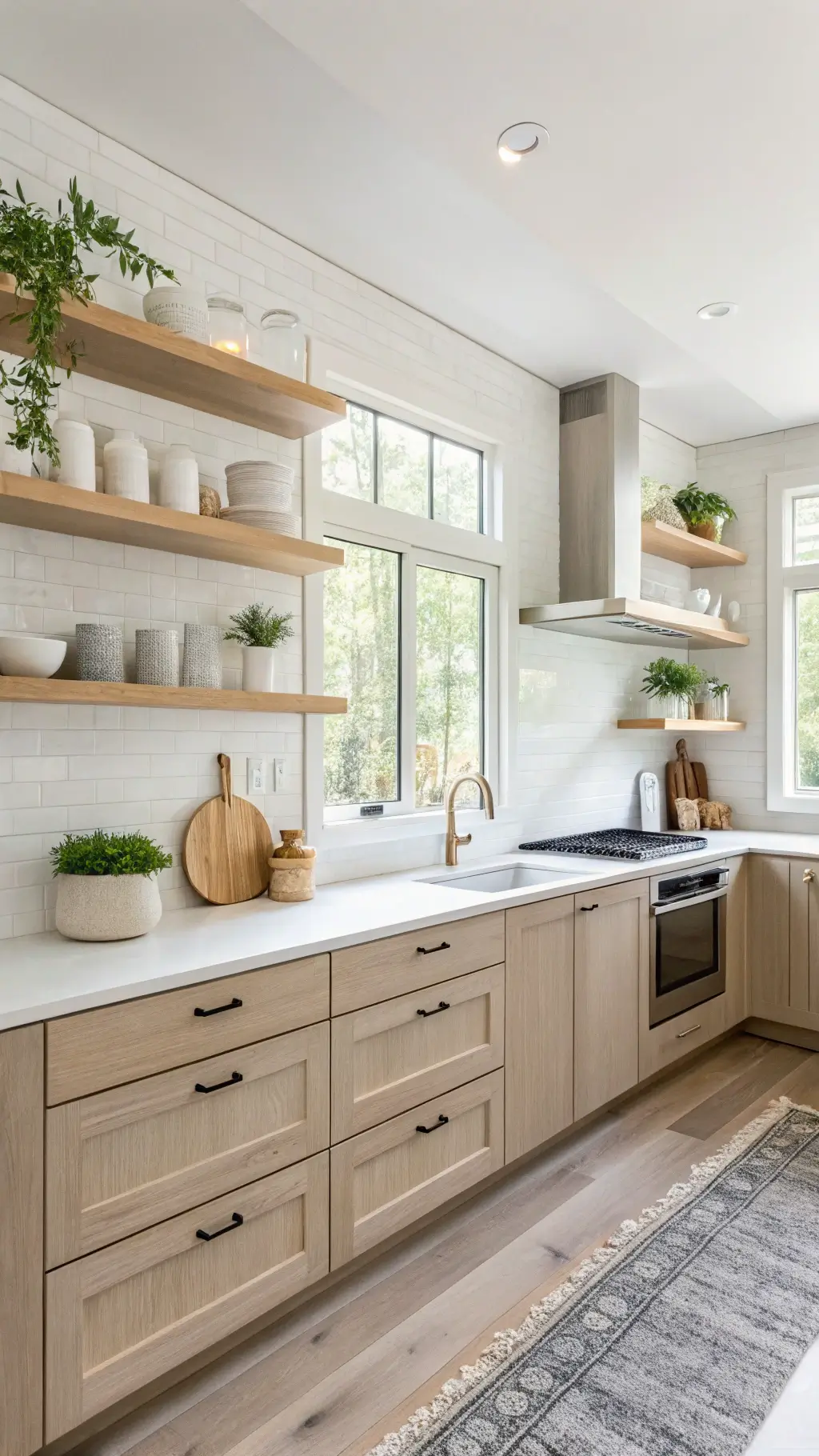 Scandinavian-inspired kitchen with greige cabinets, light wood accents, white oak shelving, bright natural light, white ceramics, and lush greenery.