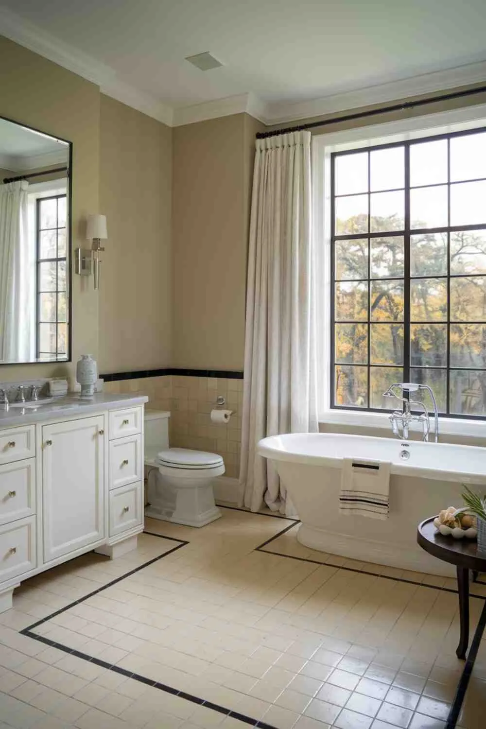 Bathroom with freestanding tub near window with tree view, beige and black tiled floor